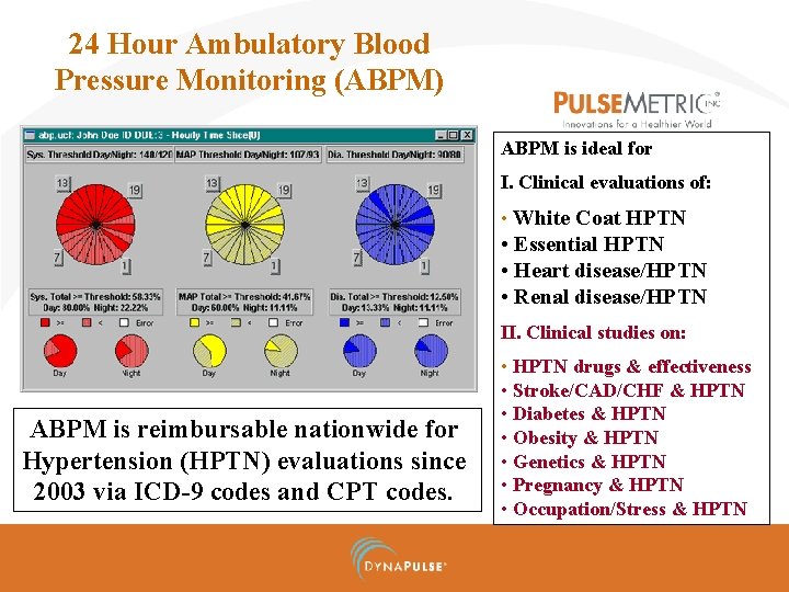 24 Hour Ambulatory Blood Pressure Monitoring (ABPM) ABPM is ideal for I. Clinical evaluations