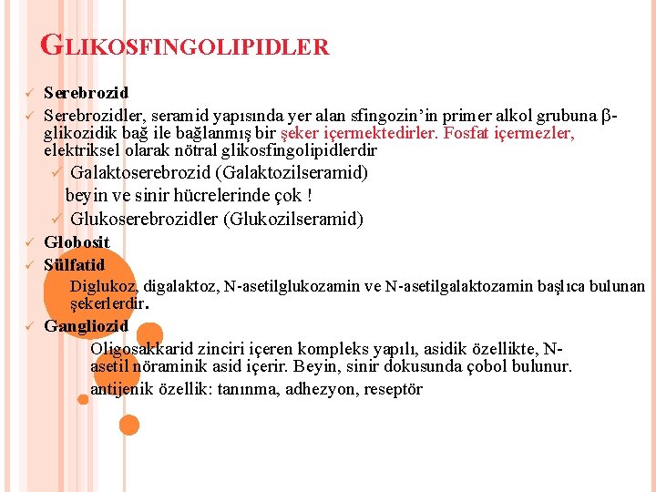 GLIKOSFINGOLIPIDLER Serebrozidler, seramid yapısında yer alan sfingozin’in primer alkol grubuna glikozidik bağ ile bağlanmış