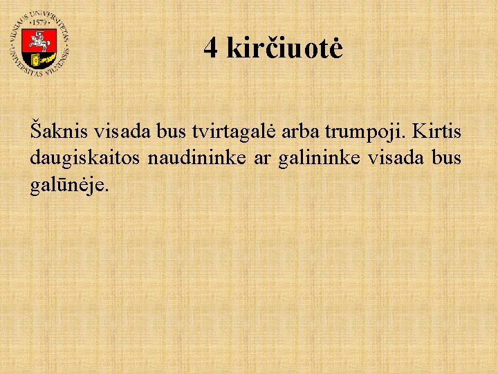 4 kirčiuotė Šaknis visada bus tvirtagalė arba trumpoji. Kirtis daugiskaitos naudininke ar galininke visada