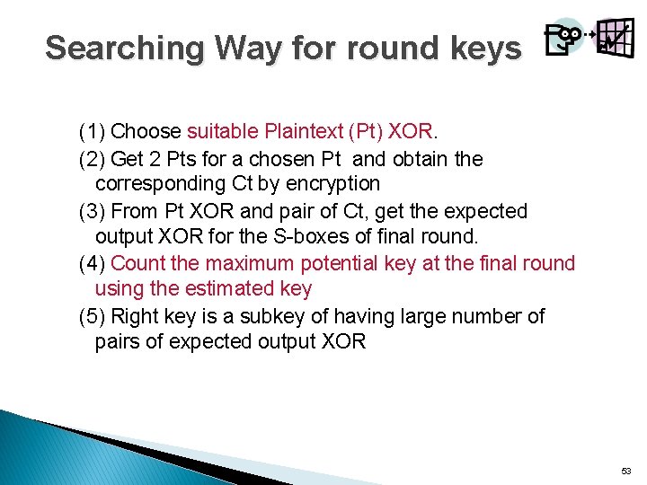 Searching Way for round keys (1) Choose suitable Plaintext (Pt) XOR. (2) Get 2