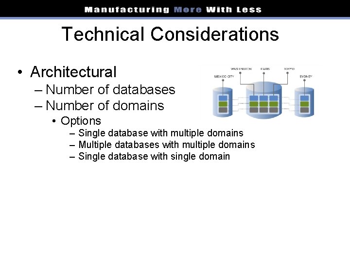 Technical Considerations • Architectural – Number of databases – Number of domains • Options