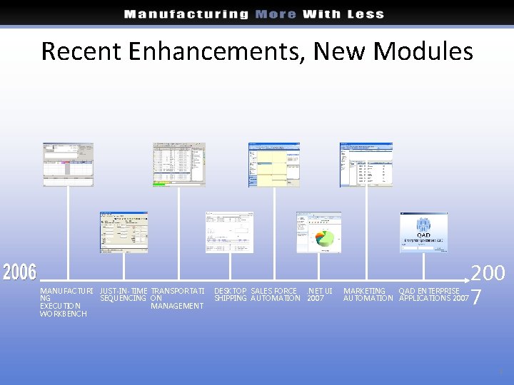 Recent Enhancements, New Modules MANUFACTURI JUST-IN-TIME TRANSPORTATI NG SEQUENCING ON EXECUTION MANAGEMENT WORKBENCH DESKTOP