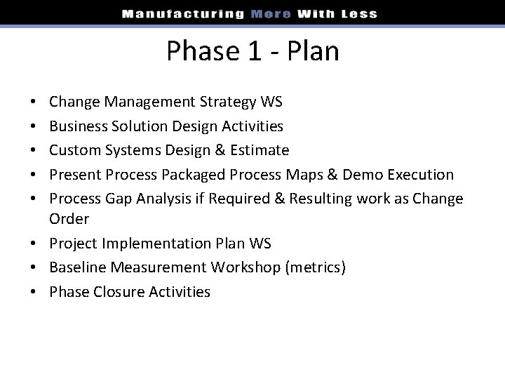 Phase 1 - Plan Change Management Strategy WS Business Solution Design Activities Custom Systems