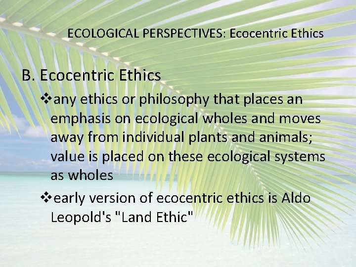 ECOLOGICAL PERSPECTIVES: Ecocentric Ethics B. Ecocentric Ethics vany ethics or philosophy that places an