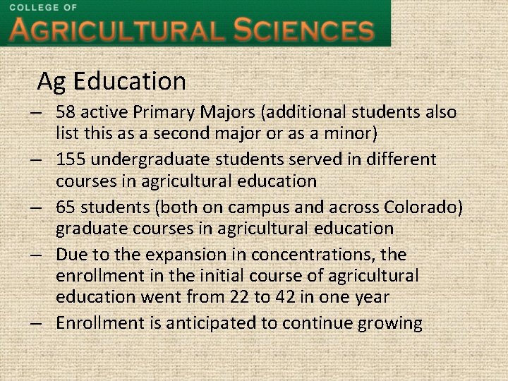 Ag Education – 58 active Primary Majors (additional students also list this as a