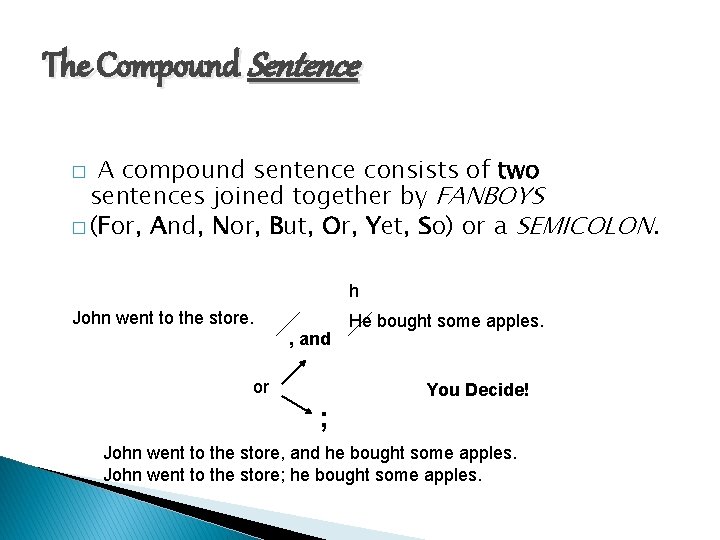 The Compound Sentence A compound sentence consists of two sentences joined together by FANBOYS