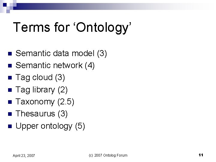 Terms for ‘Ontology’ n n n n Semantic data model (3) Semantic network (4)