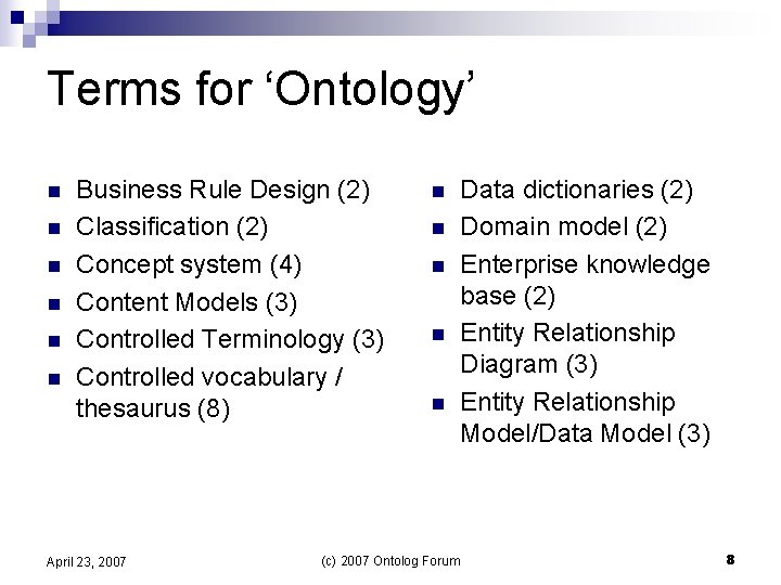 Terms for ‘Ontology’ n n n Business Rule Design (2) Classification (2) Concept system