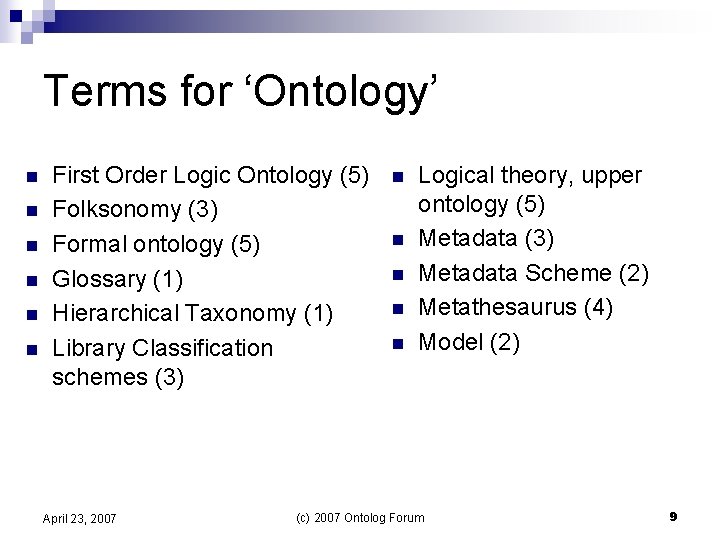 Terms for ‘Ontology’ n n n First Order Logic Ontology (5) Folksonomy (3) Formal