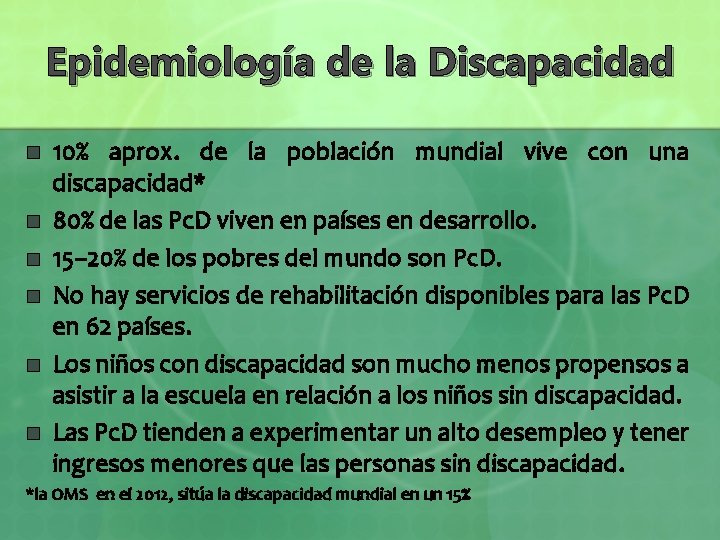 Epidemiología de la Discapacidad n n n 10% aprox. de la población mundial vive