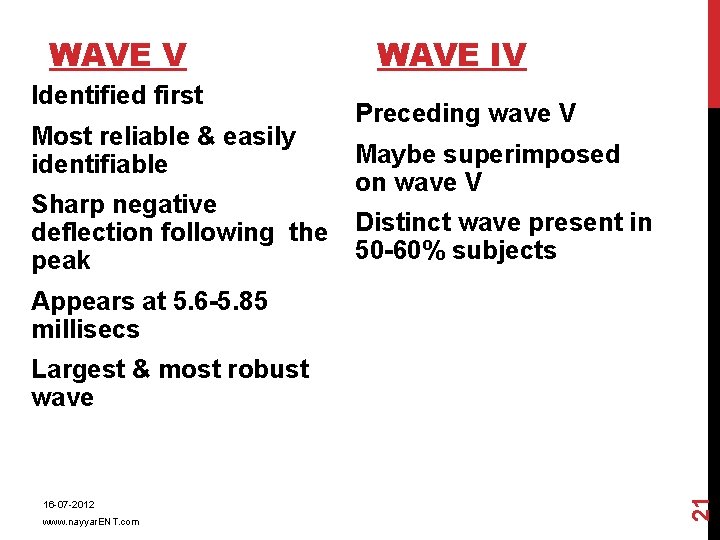 WAVE V Identified first Most reliable & easily identifiable WAVE IV Preceding wave V