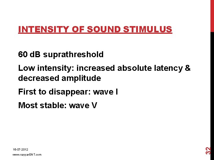 INTENSITY OF SOUND STIMULUS 60 d. B suprathreshold Low intensity: increased absolute latency &