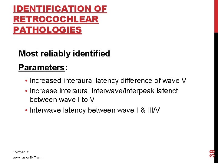 IDENTIFICATION OF RETROCOCHLEAR PATHOLOGIES Most reliably identified Parameters: 16 -07 -2012 www. nayyar. ENT.