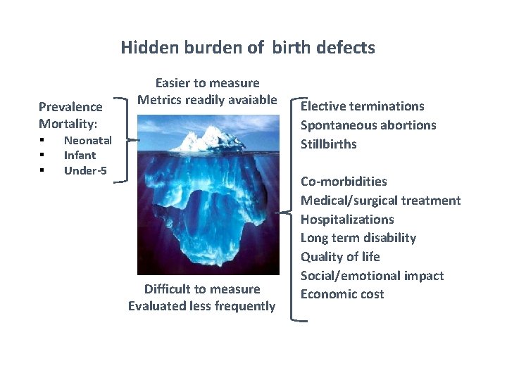 Hidden burden of birth defects Prevalence Mortality: § § § Easier to measure Metrics