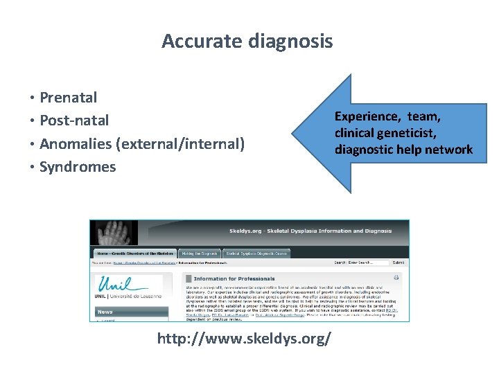 Accurate diagnosis Prenatal • Post-natal • Anomalies (external/internal) • Syndromes • http: //www. skeldys.