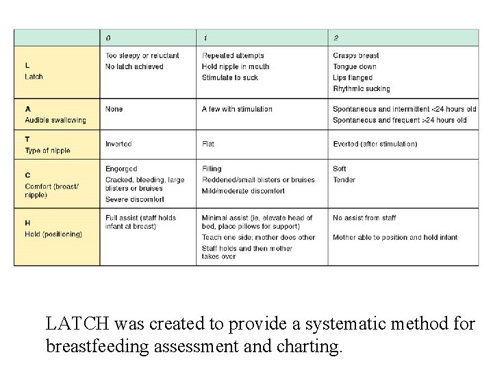 LATCH was created to provide a systematic method for breastfeeding assessment and charting. 