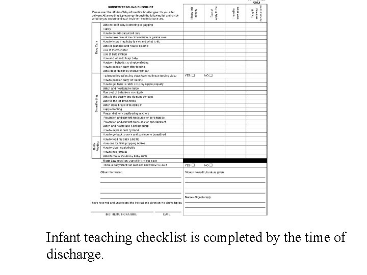 Infant teaching checklist is completed by the time of discharge. 