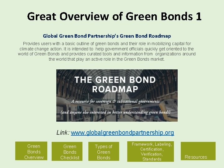 Great Overview of Green Bonds 1 Global Green Bond Partnership’s Green Bond Roadmap Provides