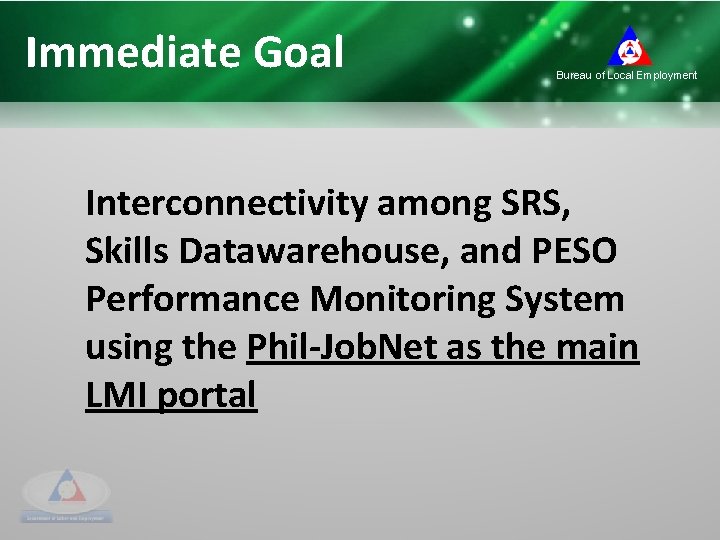 Immediate Goal Bureau of Local Employment Interconnectivity among SRS, Skills Datawarehouse, and PESO Performance