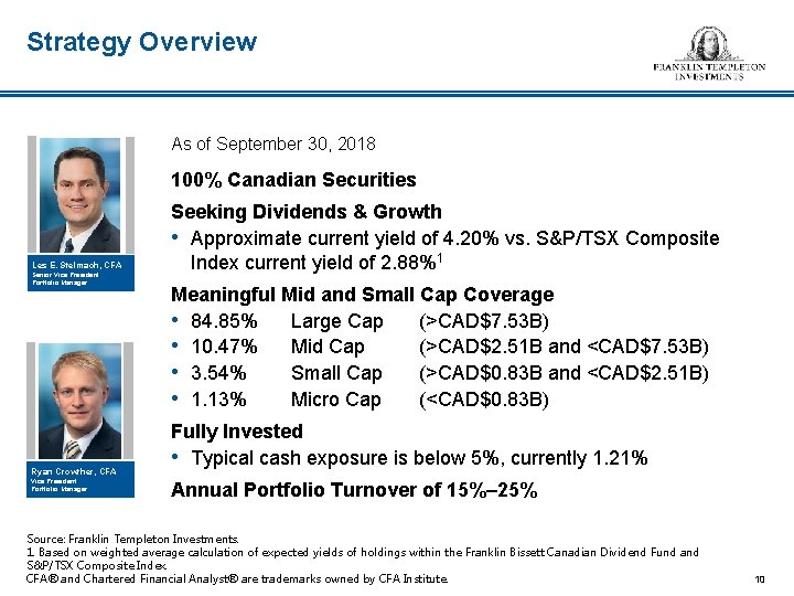 Strategy Overview As of September 30, 2018 100% Canadian Securities Les E. Stelmach, CFA
