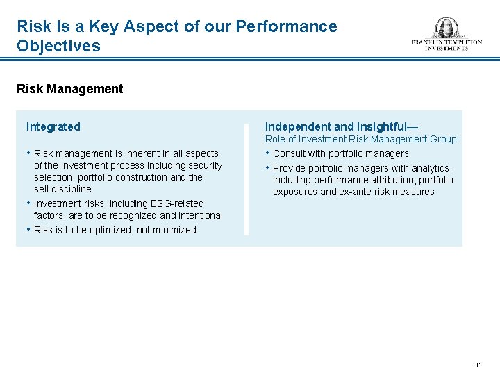 Risk Is a Key Aspect of our Performance Objectives Risk Management Integrated Independent and