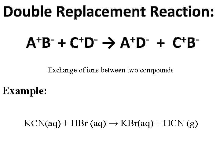 Double Replacement Reaction: + AB + + CD → + AD + + CB