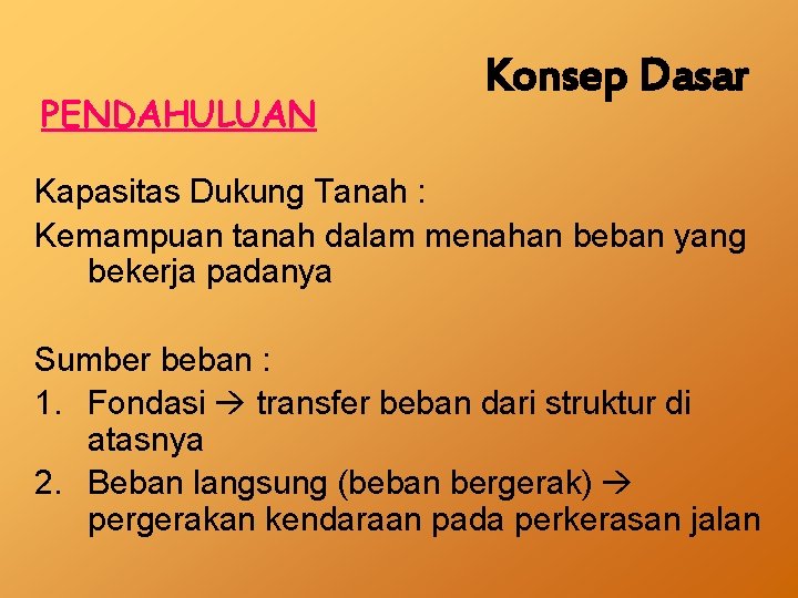 PENDAHULUAN Konsep Dasar Kapasitas Dukung Tanah : Kemampuan tanah dalam menahan beban yang bekerja