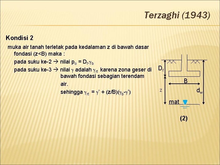 Terzaghi (1943) Kondisi 2 muka air tanah terletak pada kedalaman z di bawah dasar