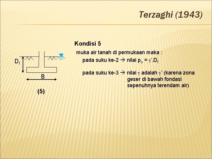 Terzaghi (1943) Kondisi 5 muka air tanah di permukaan maka : pada suku ke-2