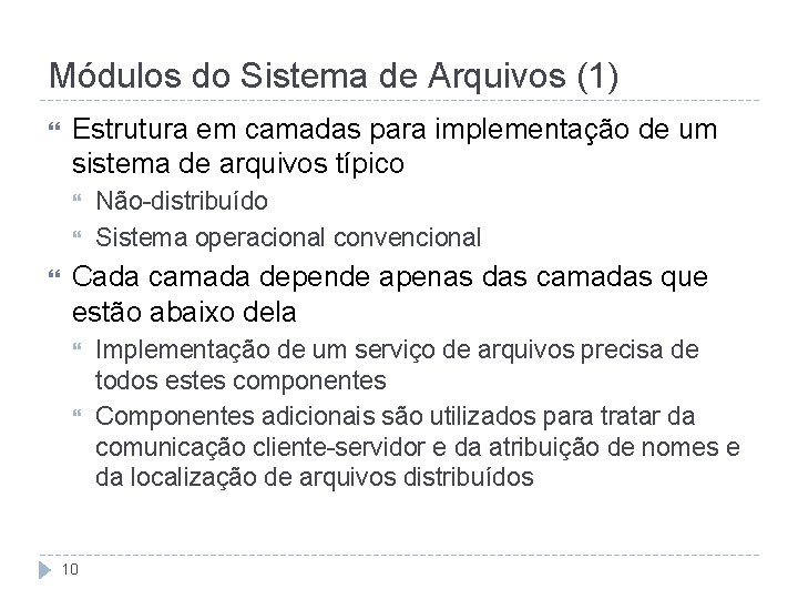 Módulos do Sistema de Arquivos (1) Estrutura em camadas para implementação de um sistema