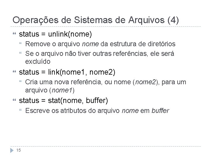 Operações de Sistemas de Arquivos (4) status = unlink(nome) status = link(nome 1, nome