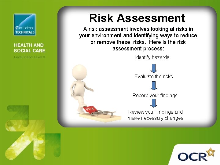 Risk Assessment A risk assessment involves looking at risks in your environment and identifying