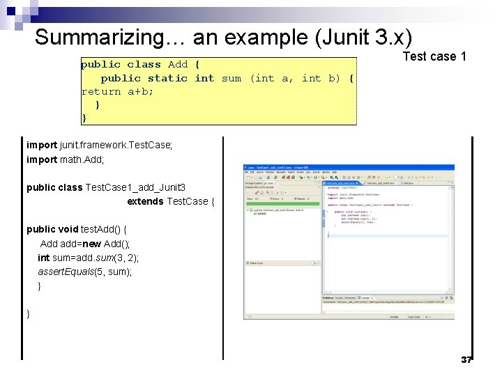 Summarizing… an example (Junit 3. x) public class Add { public static int sum