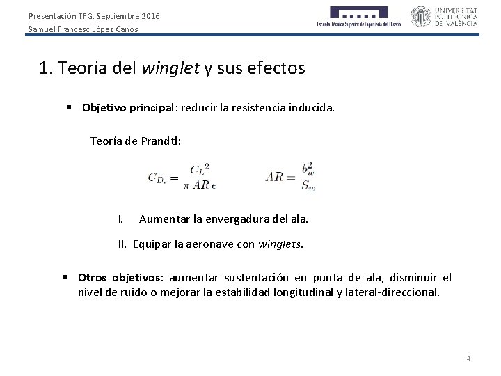 Presentación TFG, Septiembre 2016 Samuel Francesc López Canós 1. Teoría del winglet y sus