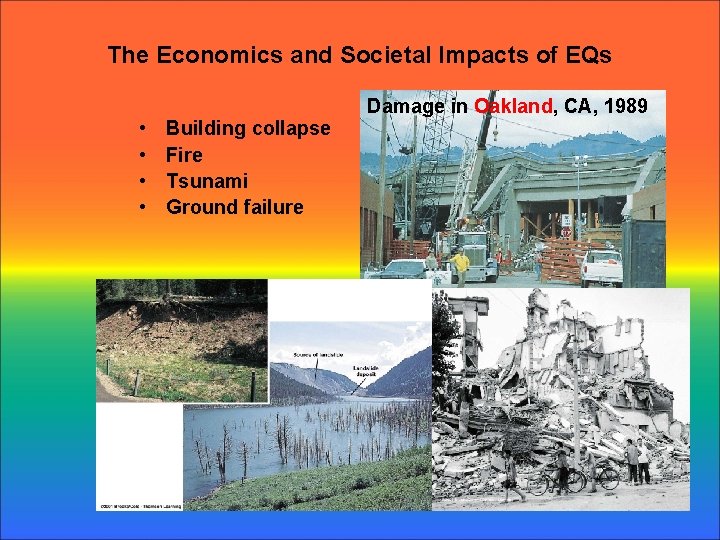 The Economics and Societal Impacts of EQs • • Building collapse Fire Tsunami Ground