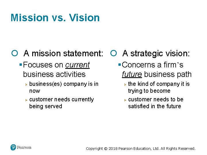 Mission vs. Vision A mission statement: A strategic vision: § Focuses on current business