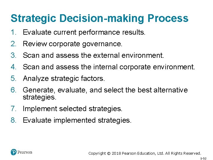 Strategic Decision-making Process 1. Evaluate current performance results. 2. Review corporate governance. 3. Scan