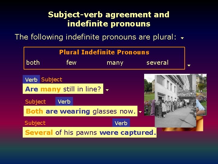 Subject-verb agreement and indefinite pronouns The following indefinite pronouns are plural: Plural Indefinite Pronouns