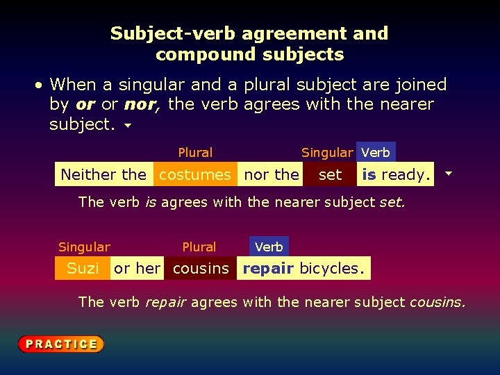 Subject-verb agreement and compound subjects • When a singular and a plural subject are