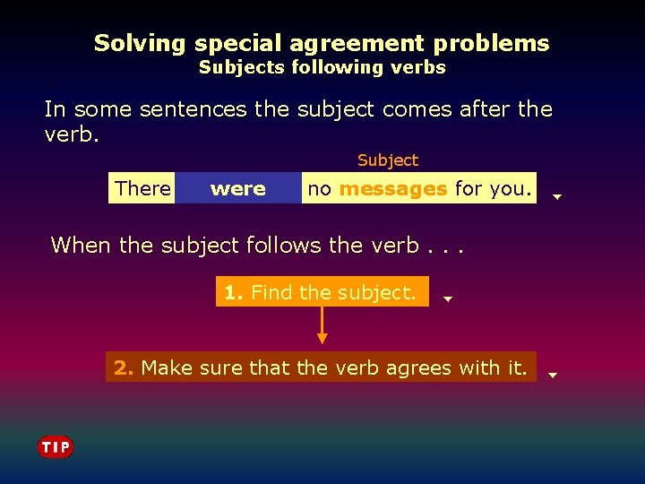 Solving special agreement problems Subjects following verbs In some sentences the subject comes after