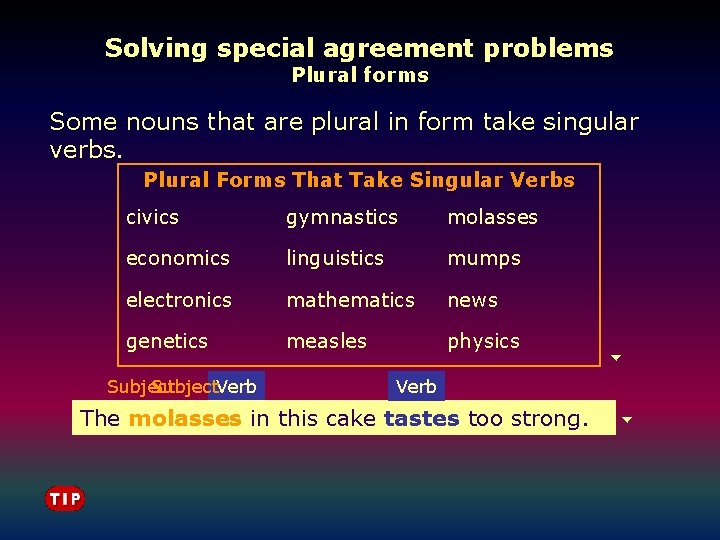 Solving special agreement problems Plural forms Some nouns that are plural in form take