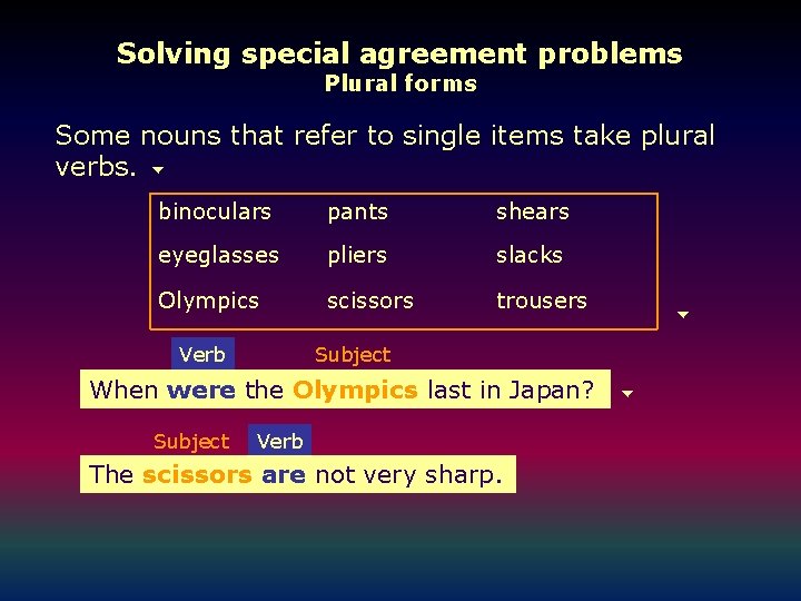 Solving special agreement problems Plural forms Some nouns that refer to single items take