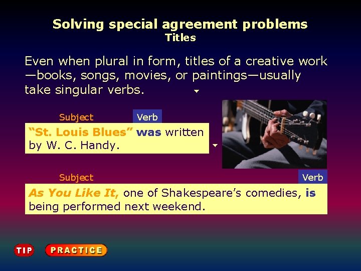Solving special agreement problems Titles Even when plural in form, titles of a creative