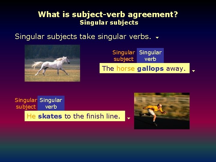 What is subject-verb agreement? Singular subjects take singular verbs. Singular subject verb The horse