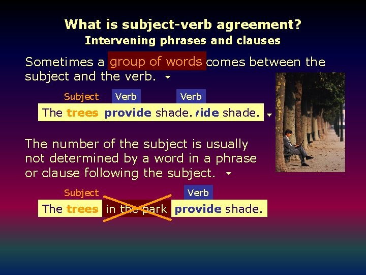 What is subject-verb agreement? Intervening phrases and clauses Sometimes a group of words comes