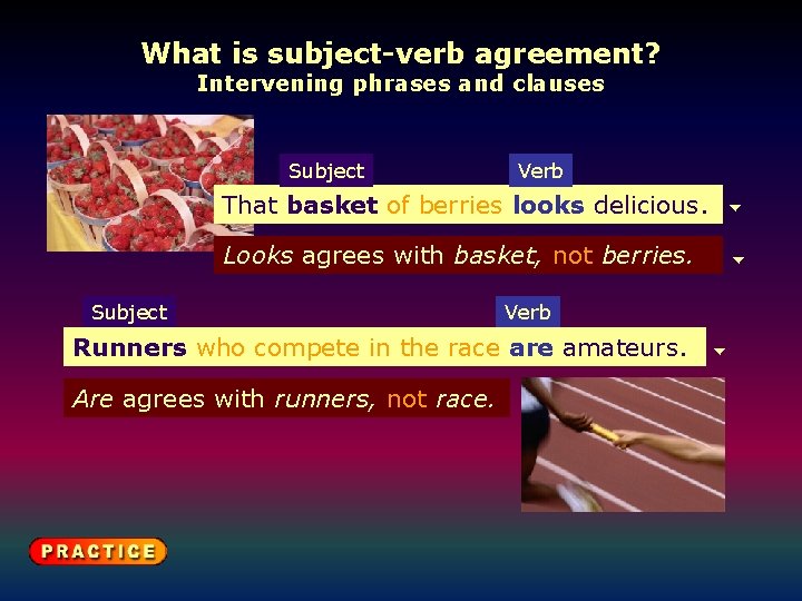 What is subject-verb agreement? Intervening phrases and clauses Subject Verb That basketof of berries