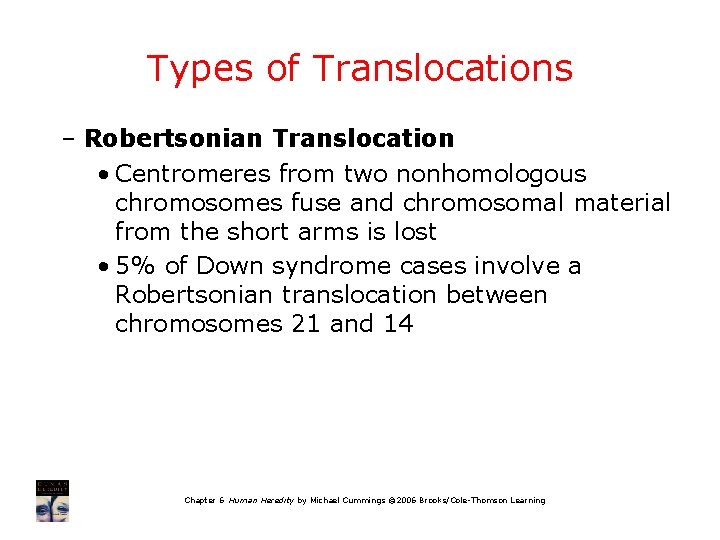 Types of Translocations – Robertsonian Translocation • Centromeres from two nonhomologous chromosomes fuse and