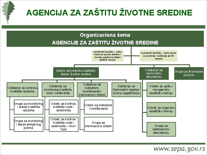 AGENCIJA ZA ZAŠTITU ŽIVOTNE SREDINE Organizaciona šema AGENCIJE ZA ZAŠTITU ŽIVOTNE SREDINE samostalni izvršilac