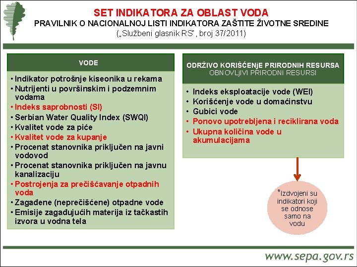 SET INDIKATORA ZA OBLAST VODA PRAVILNIK O NACIONALNOJ LISTI INDIKATORA ZAŠTITE ŽIVOTNE SREDINE („Službeni