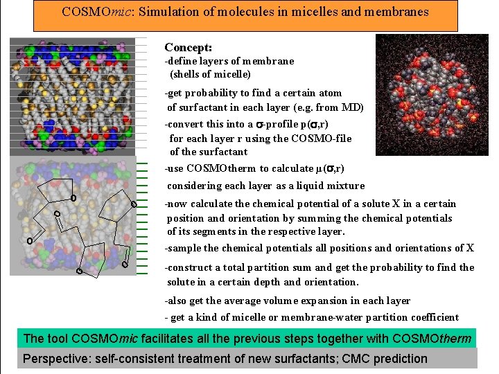 COSMOmic: Simulation of molecules in micelles and membranes Concept: -define layers of membrane (shells